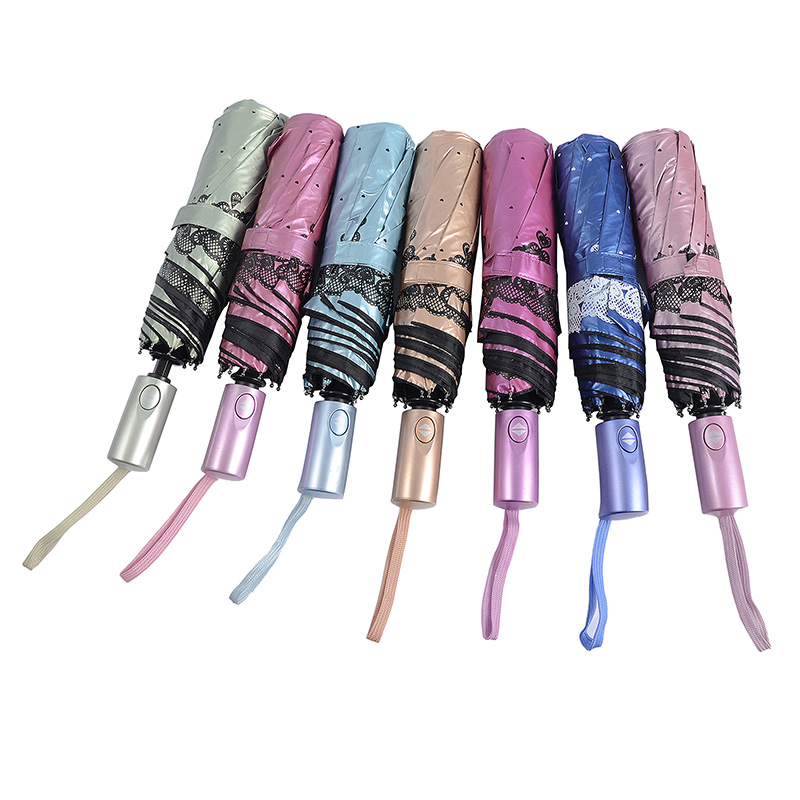 Rózsaszín UV színű anyag, 3-szoros esernyővel, teljesen nyitott funkcióval