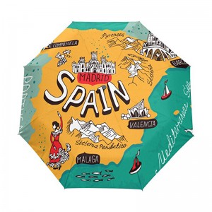 Szélálló egyedi nyomtatási pongee szövet 2 részes üvegszál bordák automatikus 3 összecsukható esernyő