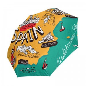 Szélálló egyedi nyomtatási pongee szövet 2 részes üvegszál bordák automatikus 3 összecsukható esernyő