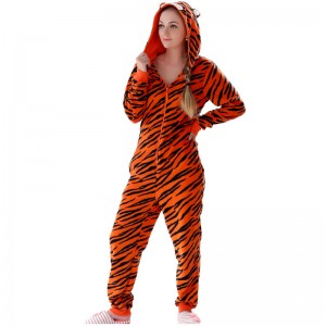 Női mikroszálas gyapjú kapucnis tigris Onesie pizsama ruha
