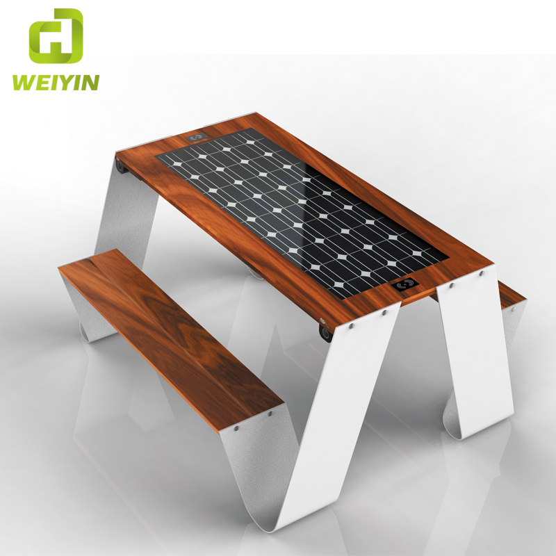 Kültéri mobiltelefon töltő intelligens napelemes piknik acél asztali pad szállítója