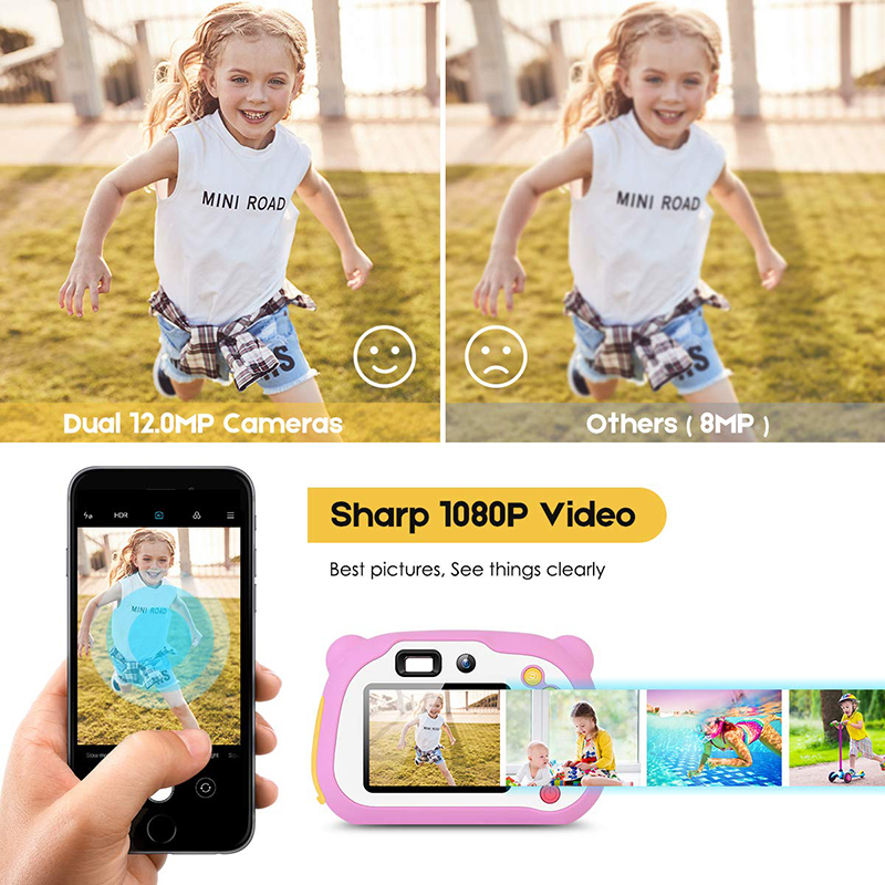 Gyerekkamera 8.0MP újratölthető digitális elülső és hátsó kamera kamera, videojátékok 4-10 éves fiúk és lányok számára