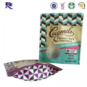 Nyomtatott és laminált, hátradönthető műanyagból álló tasak csokis tejkókuszdióhoz