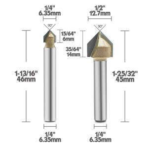 90 fokos V horony útválasztó bit, titán bevonatú, keményfémmel letapogatott 2-fuvolas CNC gravírozó bit, famegmunkáló maró, kúpmaró, 1/4 hüvelykes szár