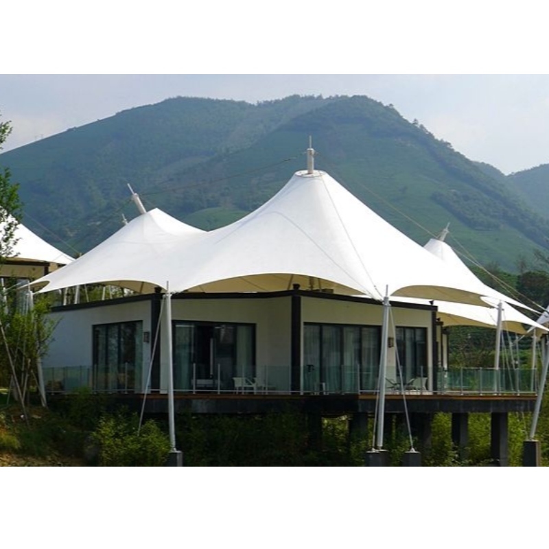 Előregyártott kültéri házak Olcsó izzó sátrak gyártói PVDf szövet acélszerkezetű luxus sátorhotel