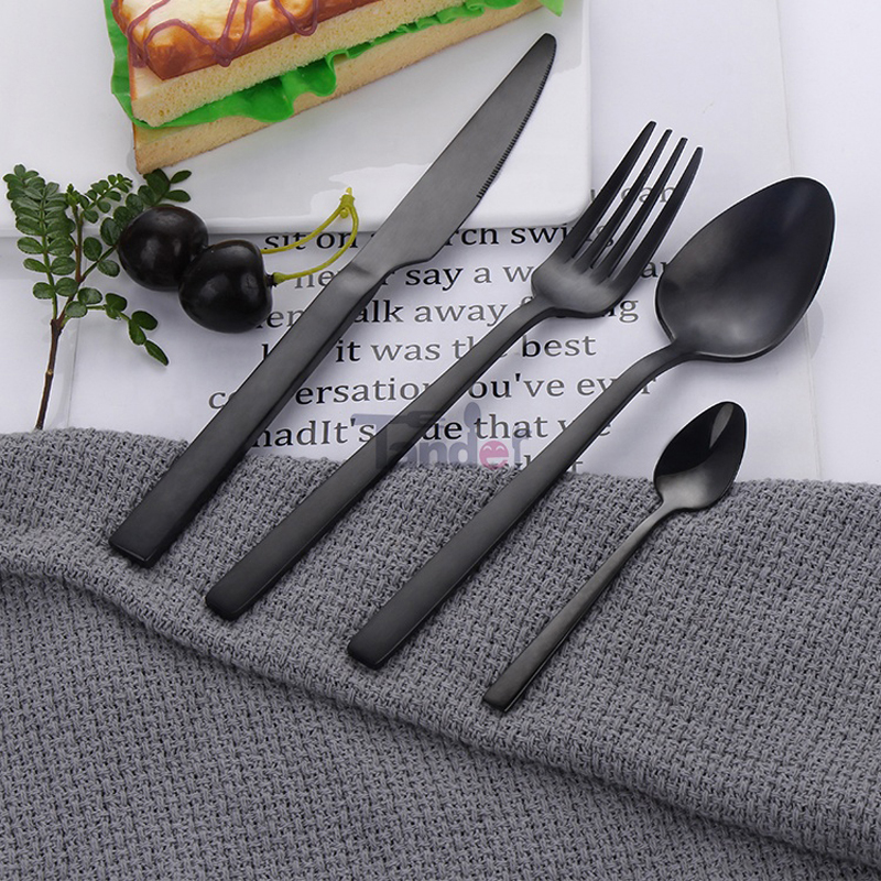 rozsdamentes acél fekete étkészlet, étkészlet, fémbevonatú pvd matt titánium díszes étkészlet, fekete evőeszköz