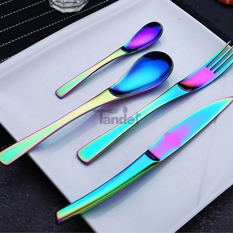 8 színbeállítások PVD bevonat kempingezés rozsdamentes acélszínű, színreszegő étkészlet, szivárványos édesítőkészlet