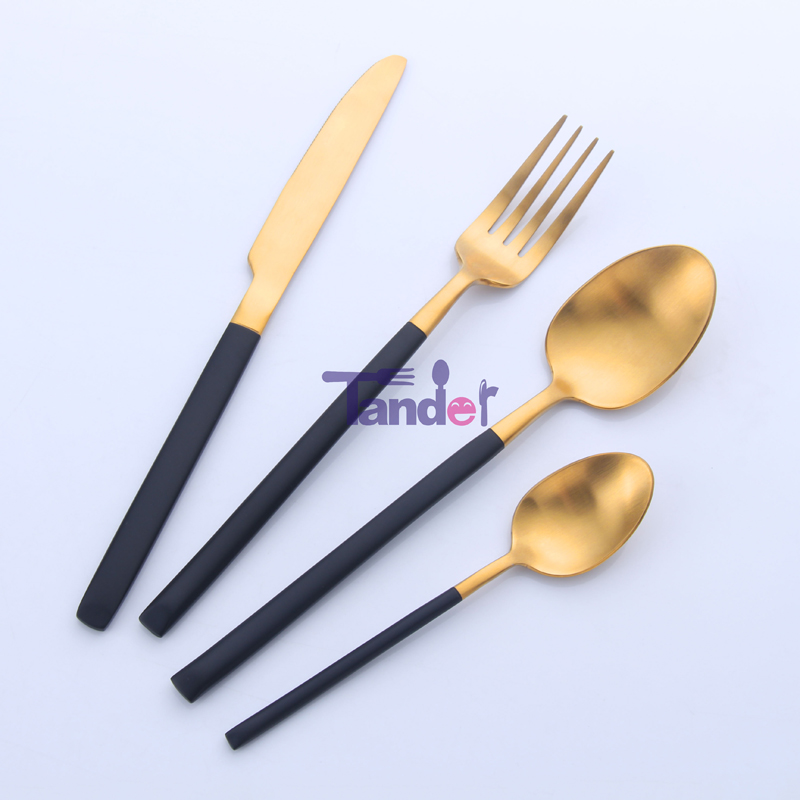 Knight low MOQ high class 18/8 rozsdamentes acél evőeszköz készlet fekete fogantyú evőeszköz szállodai esküvő céljára