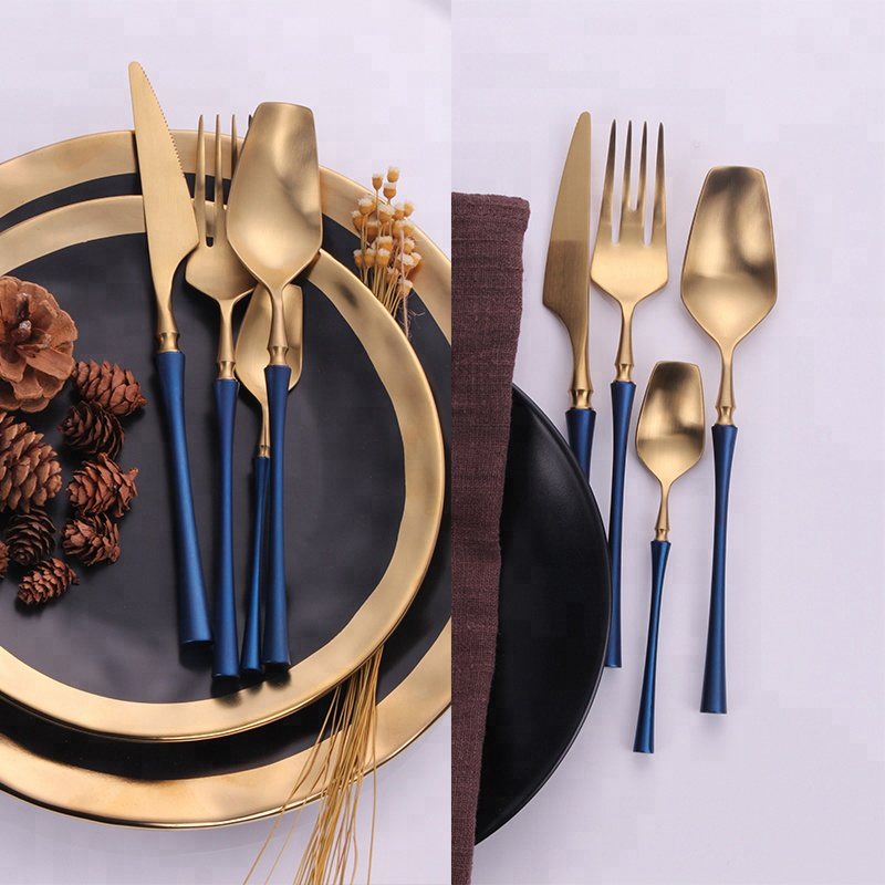 Kék nyél festés, vékony derék stílusú étkészlet, arany rozsdamentes acél evőeszköz készlet
