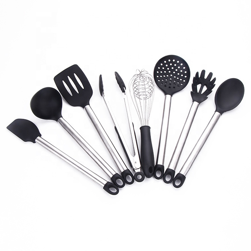 Rozsdamentes acélnyelek Főzési eszköz BPA Szabad, nem mérgező szilícium-dioxid Turner Tongs Spatula Spoon Konyhai Gadget Uttensil Set