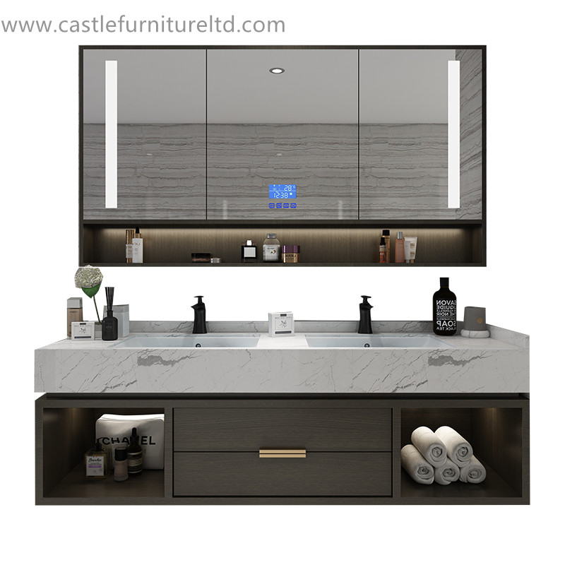 Tölgy tömör kabinet kombinációja Északi egyszerű tömörfa szekrény fürdőszoba intelligens tükör fürdőszoba mosdógurló színpadon márvány mosdó