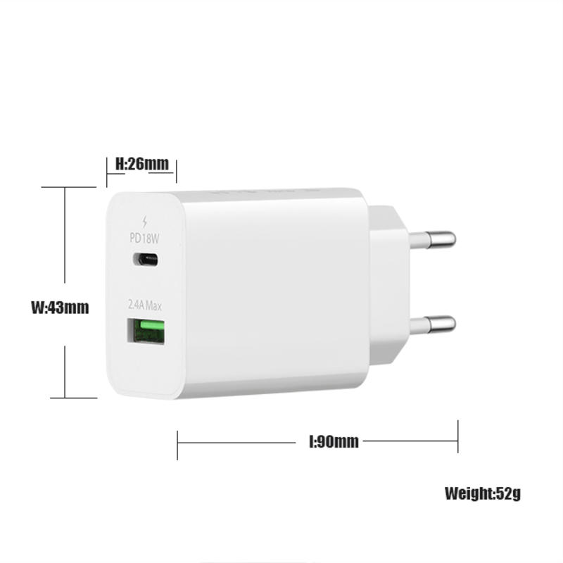 18W QC 3.0 + 2.4A típusú adapter, c típusú USB fali utazótöltő adapter Gyors mobiltelefon-töltő, több portos USB-töltők