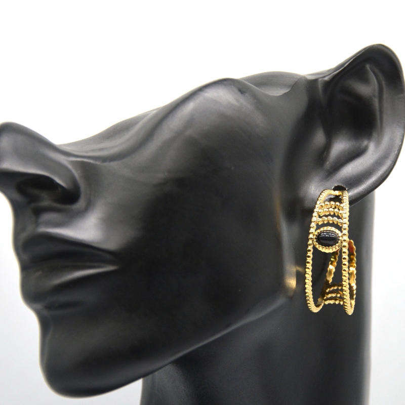 Arany karika fülbevalók, C alakú karika fülbevalók, fekete achát, érzékeny női fülek, hipoallergén ékszerek, Kína Ruifanbao ékszerfeldolgozó gyár