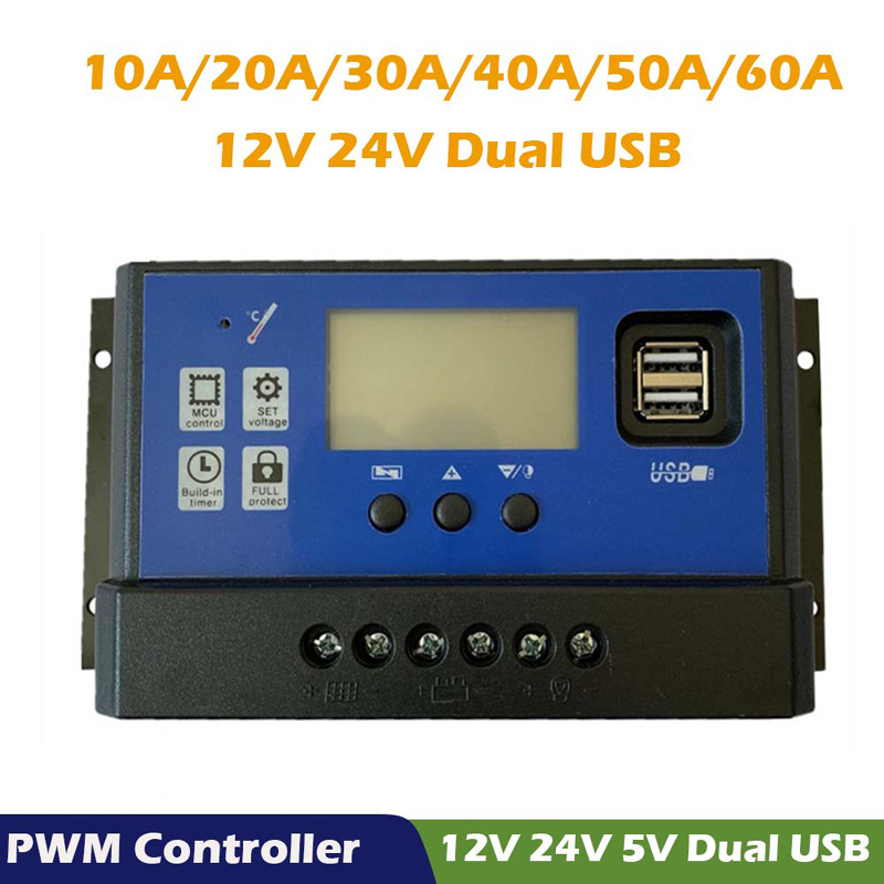 PWM Napelemes töltő vezérlő 60A 50A 40A 30A 20A 10A 12V 24V-os akkumulátor töltő LCD Dual USB Napelemes szabályozó Max 50V PV bemenet