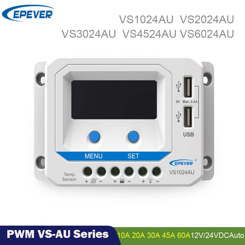 EPever PWM 60A45A30A20A10A Napelemes töltő vezérlő 12V 24V Automatikus háttérvilágítás LCD Napelemes szabályozó Dual USB ViewStar-AU sorozat