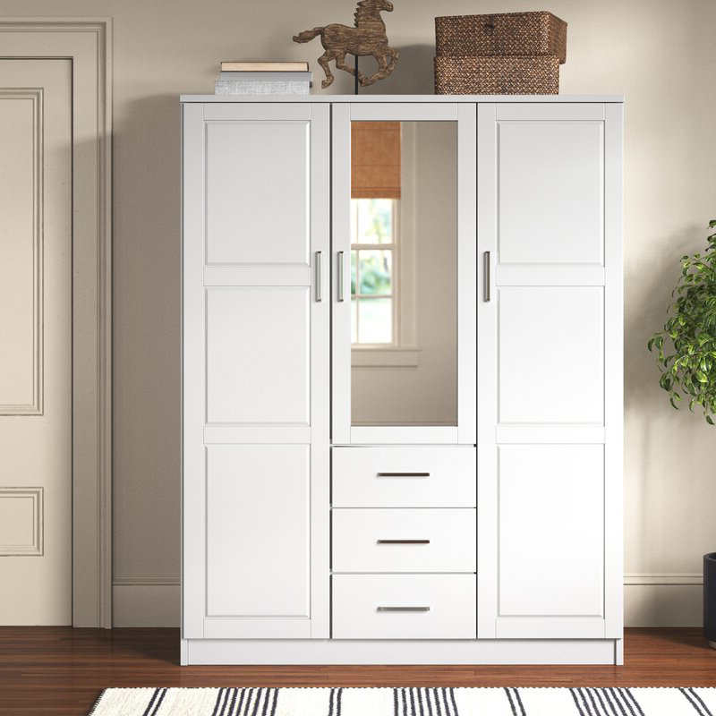 MWD22008-Solid Wood Family Wardrobe/closet/closet, 3 ajtós szekrény tükörrel és 3 fiókkal, fehér.