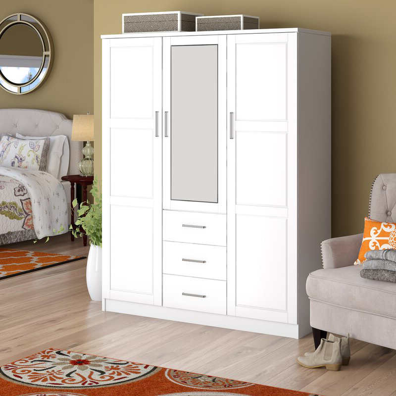 MWD22008-Solid Wood Family Wardrobe/closet/closet, 3 ajtós szekrény tükörrel és 3 fiókkal, fehér.