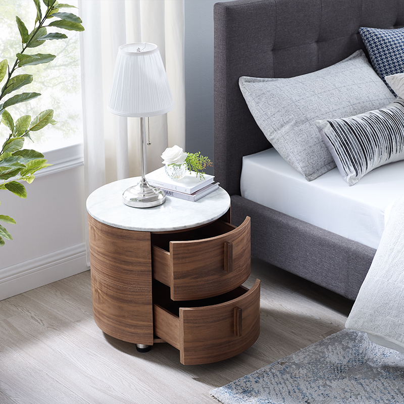 Modern luxus márvány éjjeliszekrények 2-fiókos kerek ágy melletti asztalhoz a hálószobához