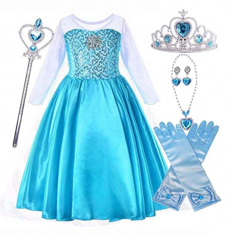 Hóparti queen Halloween jelmez Kék Hosszú ujjú Hó Királynő flitter Elsa ruha lányoknak tartozékokkal HCGD-006