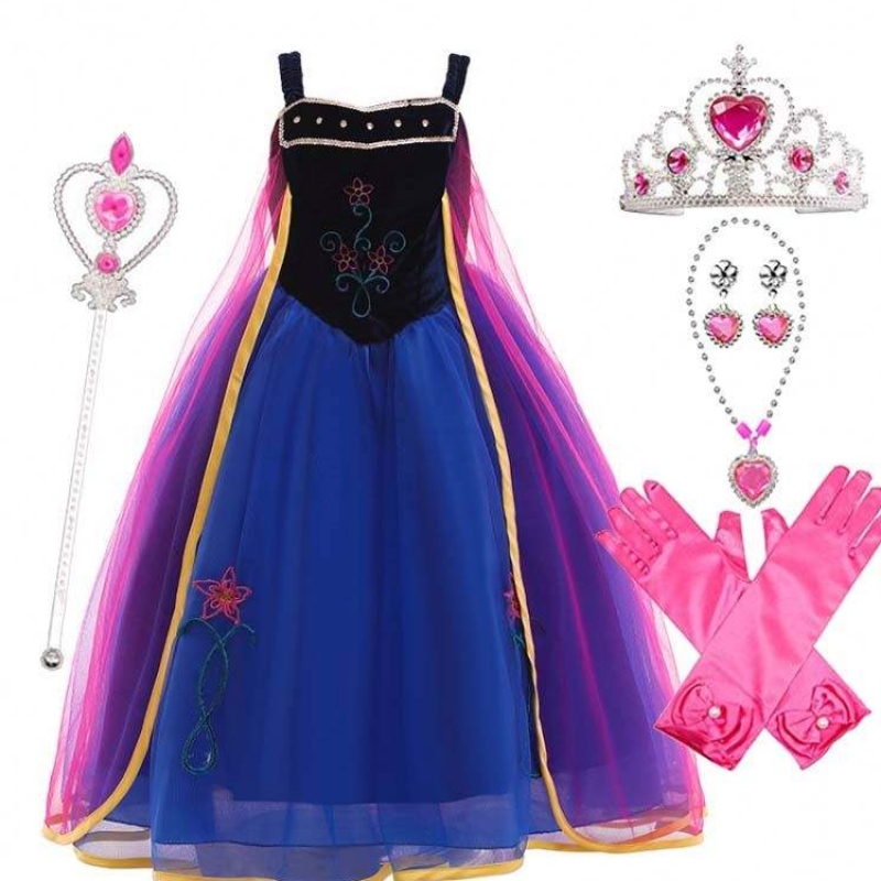 Girl cosplay hó királynő hercegnő jelmez anna ruha jelmez korona pálca kesztyű tartozékokkal HCGD-010