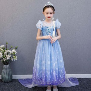 Baige 2021 Új Kék Elsa Anna Girl Party Dress Cosplay ruhák hercegnő kézzel készítettnyaklánccal és hosszú köpeny