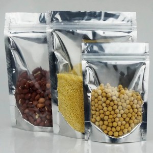 Alumínium álljon fel a tasakzsákok, tiszta elülső alumínium fólia hátulja visszahelyezhető cipzárral és hőhőzéssel az élelmiszerek tárolásához