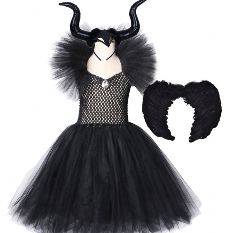 Gyerekek fekete ördög tutu jelmez Halloween lányok divatos tutu ruha toll kendővel Royal Dark Queen Maleficent ruha ruhával