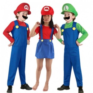 Gyerek szuper mari bros cosplay jumpsuit öltöny fiú lány halloween anime fantasy romper luigi testvérek ruha kalap jelmez