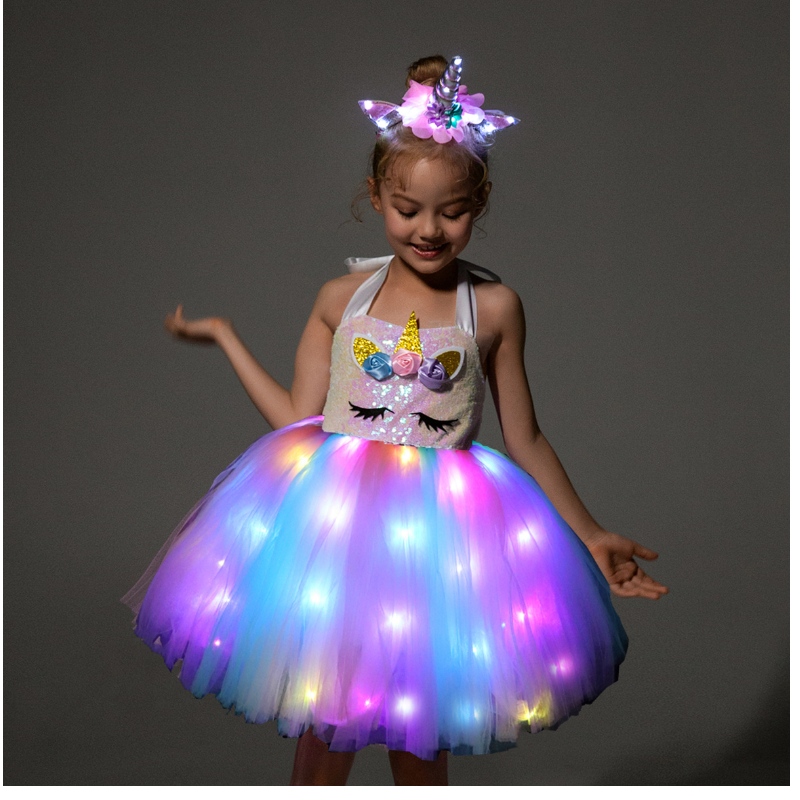 2022 gyereklányok aranyos egyszarvú jelmezek LED -es lámpás ruhával Halloween születésnapi party ajándék hüvelyes gyerek ruházat