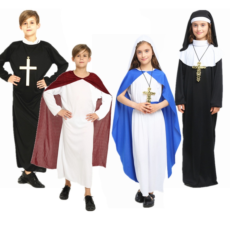 Halloween jelmezek Masquerade fiúk lányok köpeny papok apák misszionáriusok jezsuita kereszténység jelmezek gyermekeknek