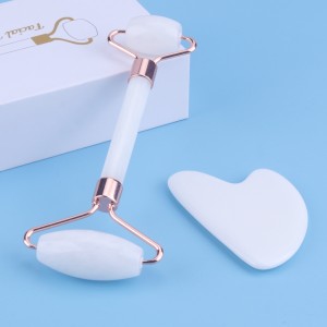 Egyéni természetes rózsa Quartaz White Jade Face Face Roller és Gua Sha Tools Set csomagolás