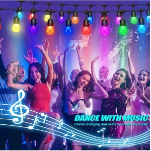 48 láb színváltó kültéri vonós lámpák, 15 LED -izzók SHATTEROFNY DIMMABLE, IP65 Vízálló, RGBW villogó húrfények RF távvezérlővel, dekoratív lámpák a teraszkerthez