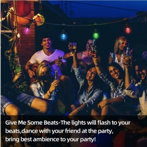 48 láb színváltó kültéri vonós lámpák, 15 LED -izzók SHATTEROFNY DIMMABLE, IP65 Vízálló, RGBW villogó húrfények RF távvezérlővel, dekoratív lámpák a teraszkerthez