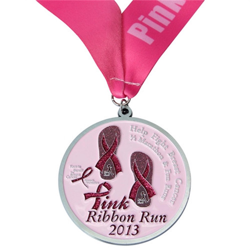Rózsaszínnyomtatás futóérmek anők számára egyedi fém sportmaratoni érmes szalaggal