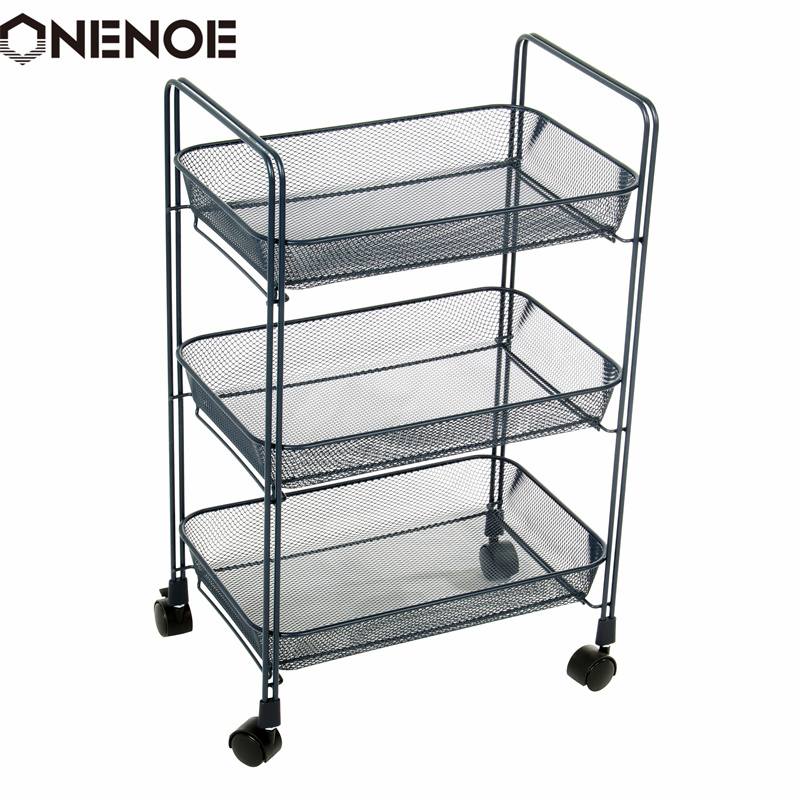 Onenoe Design Modern Metal Mesh 3-Tier Storage Organizer Többfunkciós Utility Rolling Cart Konyha Nagy teljesítményű Erős Atability Trolley tárolókocsi kosarakkal