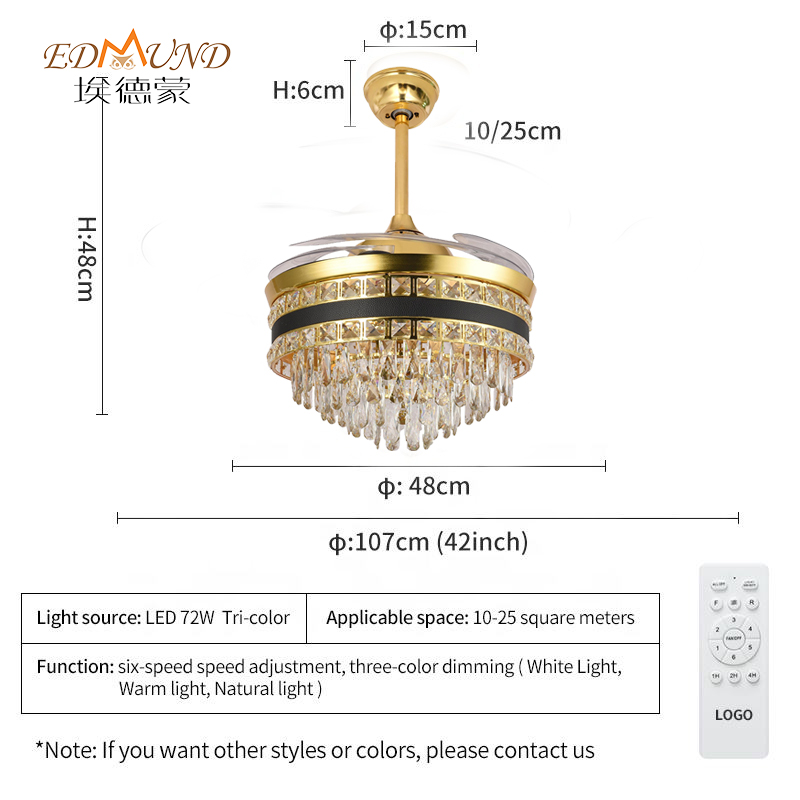K012 csillár mennyezeti ventilátor, távoli 42 hüvelykes 3 színű, hangszóró kristályventilátor -csillárral