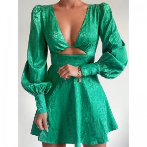 V-nyak üreges Jacquard ruha lámpás hüvely rövid ruha tavaszi szüreti stílus A-vonalú ruha