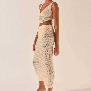 2023 újnők ruházati horgolt üreges kötés v-nyakú ujjatlan mellénytermesztés felső szexi csípő szoknya 2 darabos öltöny ruha pulóver