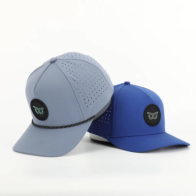 Új divat egyedi PVC Patch logo 5 Panel vízálló poliészter sport golf kalap, lézerrel vágott perforált apa Gorras, kötél baseball sapka