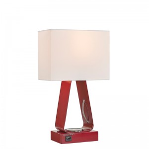 Apró asztali lámpa piros kivitelben, USB töltőport, vezetéknélküli töltőállomás és a/off rocker kapcsoló a vendégszobában
