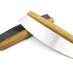 Oem/odm 304 rozsdamentes acél pizza vágó pizza szeletelő tölgyfa fogantyúval