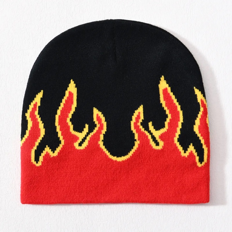 Nagykereskedelmi koponya sí -akril kötött kalap hip -hop mandzsetta az egésznyomtatott formatervezés egyedi logó unisex téli jacquard láng beanie