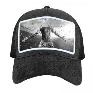 Nagykereskedelmi kiváló minőségű hálószalagú bársonyos teherautó sapka 5 panelek egyedi applikációs javítás hímzés fekete bársonyos teherautó kalap