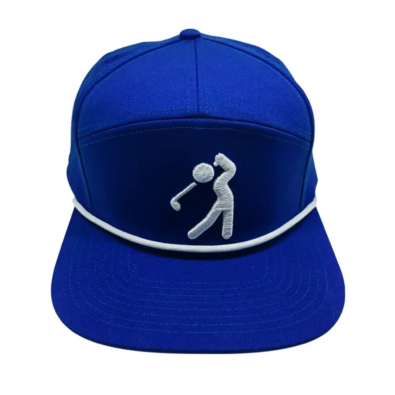Egyéni kiváló minőségű 7 panel perforált kalap, férfi 3D hímző logó baseball sapka kötéllel