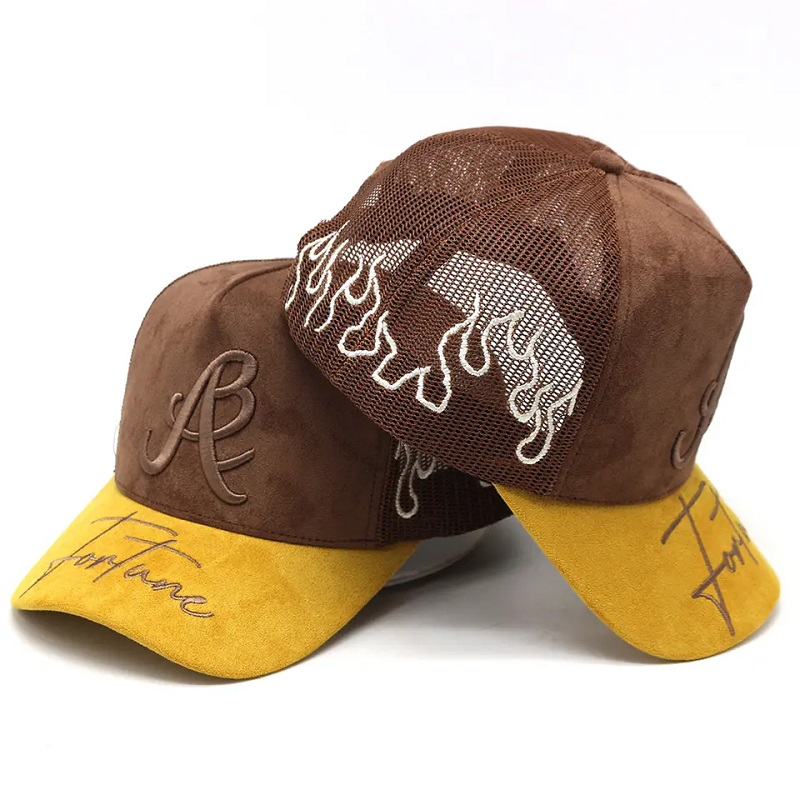 Gyári egyedi velúr teherautó kalap hímzés logó karimás tisztességes mesh teherautó kalapok