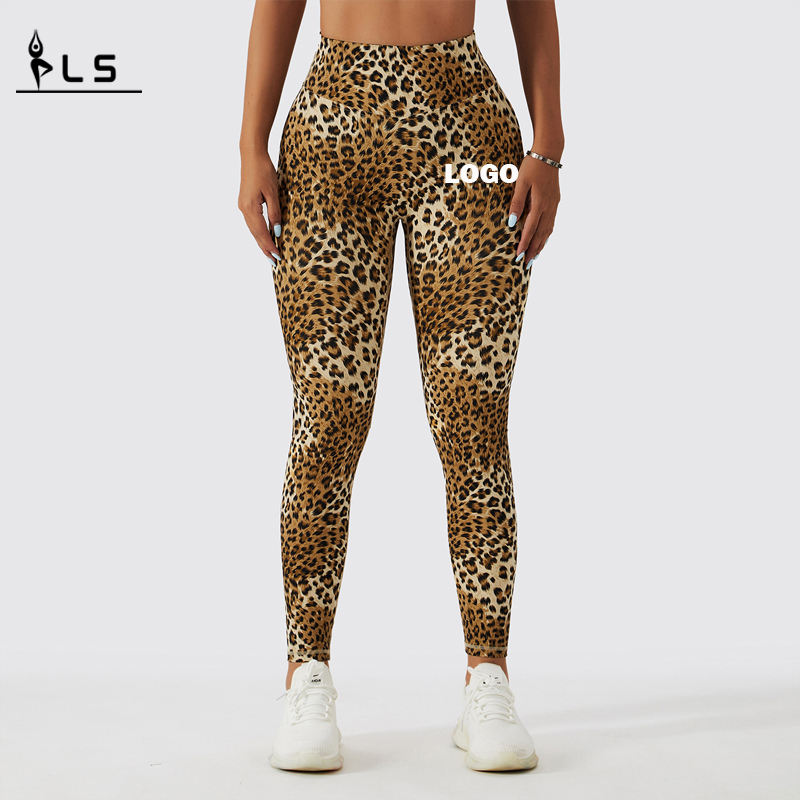 Sc10112 varratnélküli leopárdnyomtatás magas derék fitnesz lábging femme bordázott scrunch bum lábbeli jóganadrág