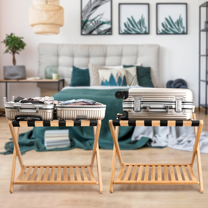 Bambusz összecsukható bőrönd állvány vendégszobai hálószobához