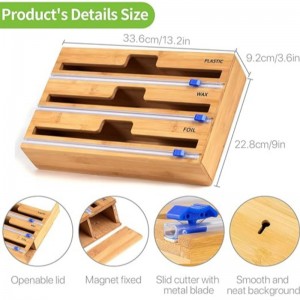 3 Az 1 -ben csomagolható adagoló vágóval, műanyag csomagolással, alumínium fóliával és viaszpapír -adagolóval a konyhai fiókokhoz, bambusz tekercs szervező tartó, kompatibilis 12 \\\\ \\\