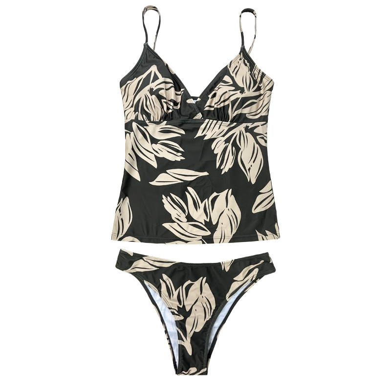 Húzószálú mellény redős V-nyakú zöld levélnyomtatott kétrészes fürdőruhát