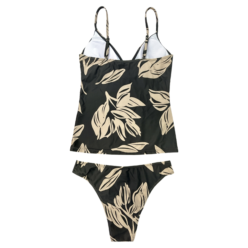 Húzószálú mellény redős V-nyakú zöld levélnyomtatott kétrészes fürdőruhát